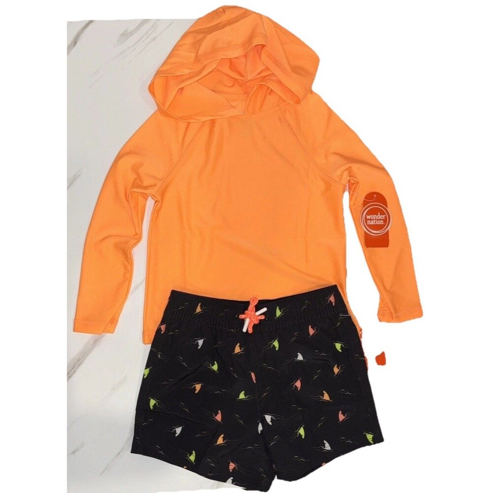 Wonder Nation Boy’s XS (4/5) 2 pc Rash Guard Hoodie Long Sleeve & Swim Trunk
